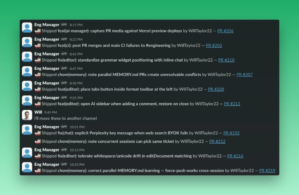 Slack feed of the AI Eng Manager posting shipped pull requests, each linking to a PR