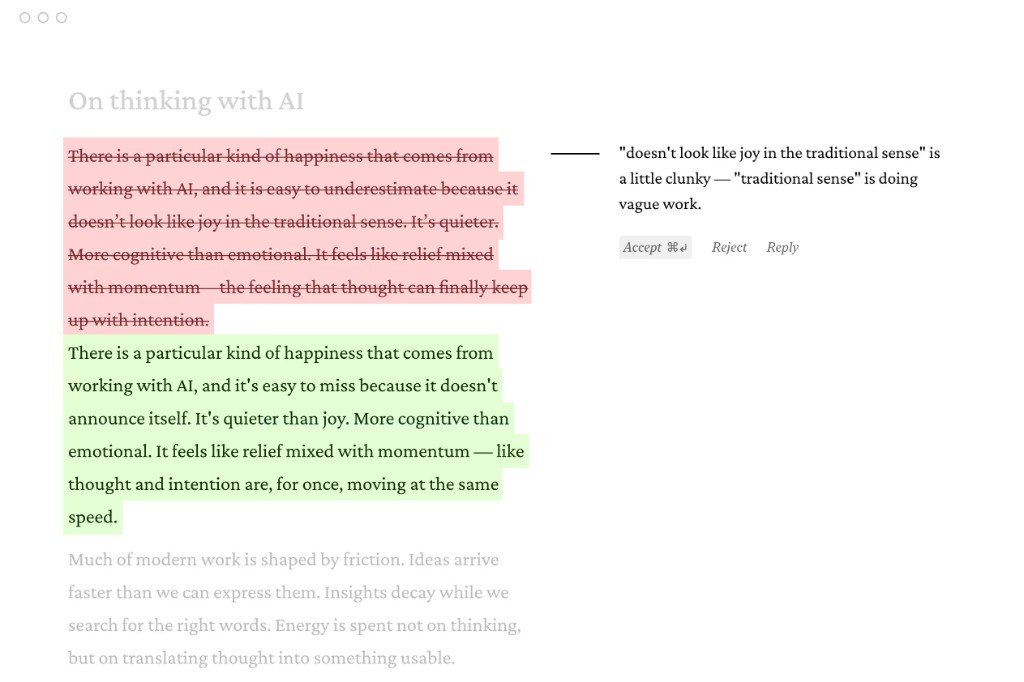 Versey's in-editor refine feature, showing a tracked-changes edit suggestion with an inline comment